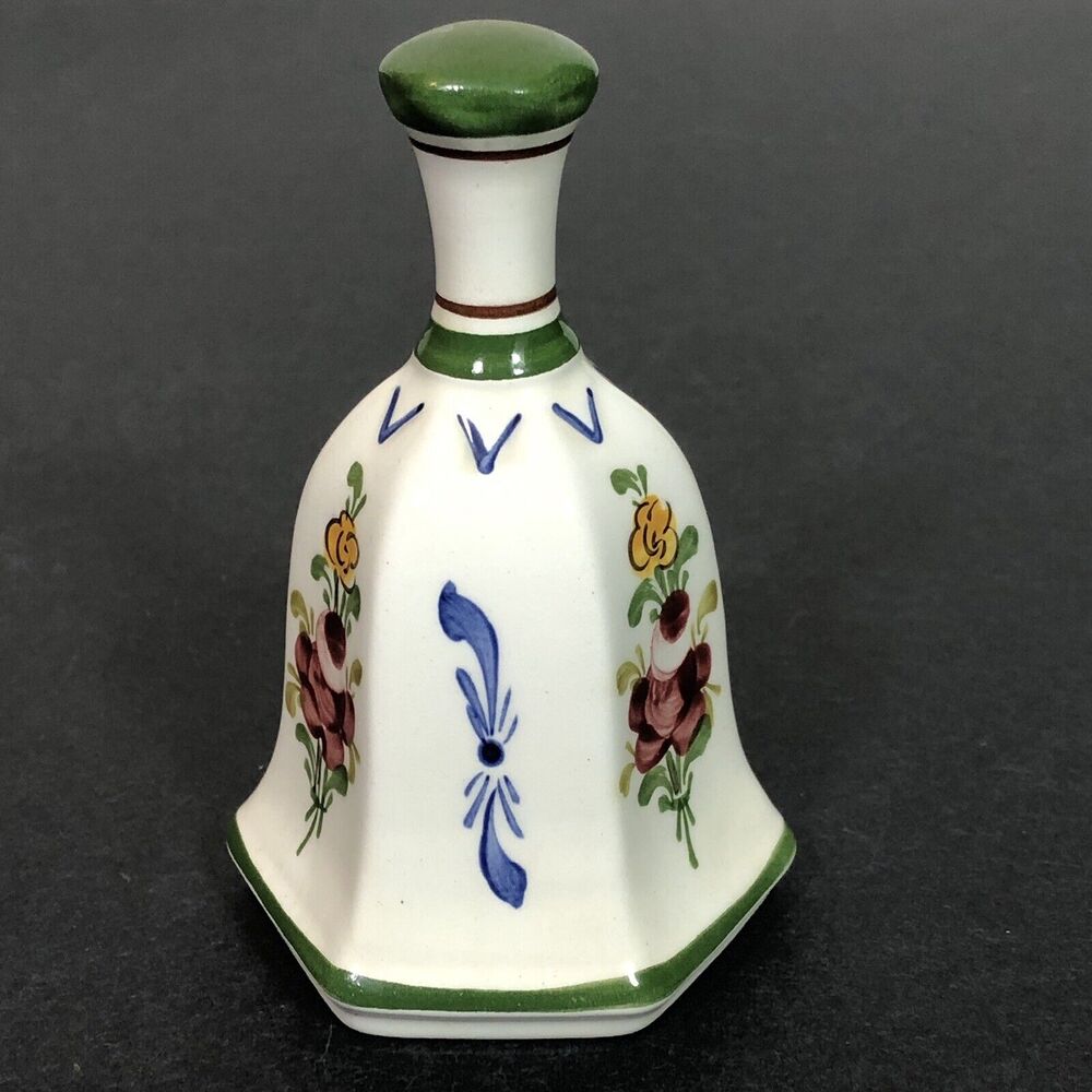 Vintage Ceramic Dinner Bell Flowers Blue Green White 4" Tall Hand Painted